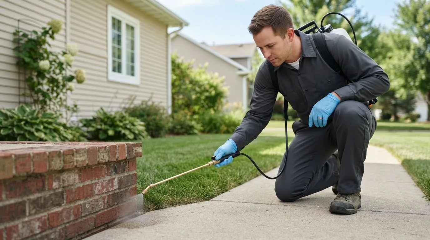 Pest control technician treating a home near Darrouzett, TX