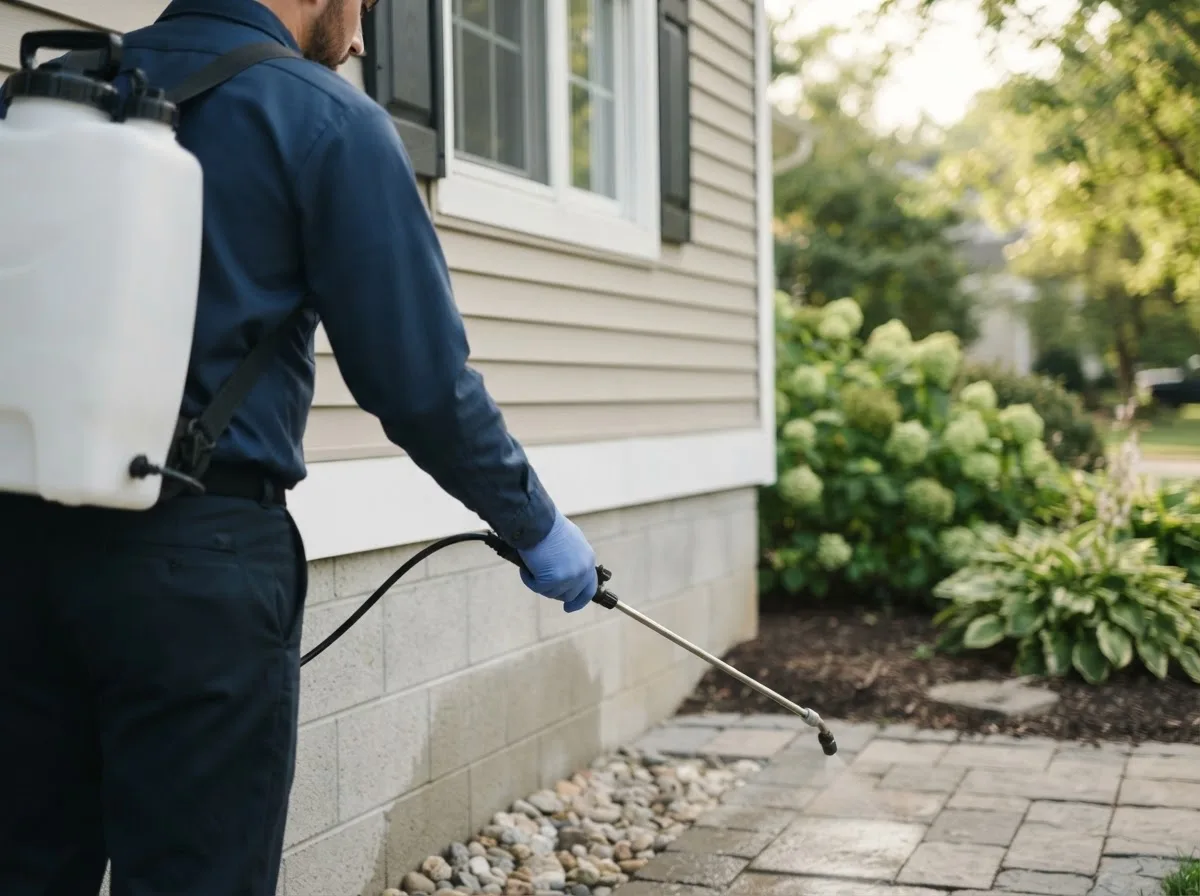 Pest control technician inspecting a home in Darrouzett, TX